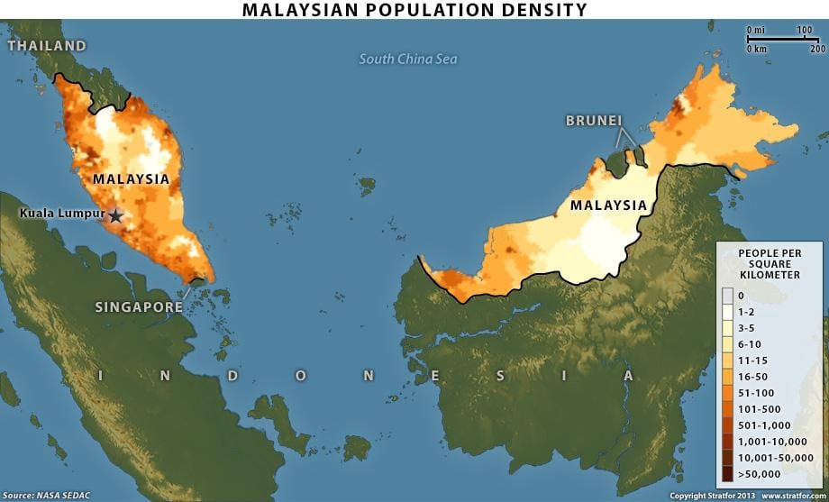 malajské populace, hustota mapě
